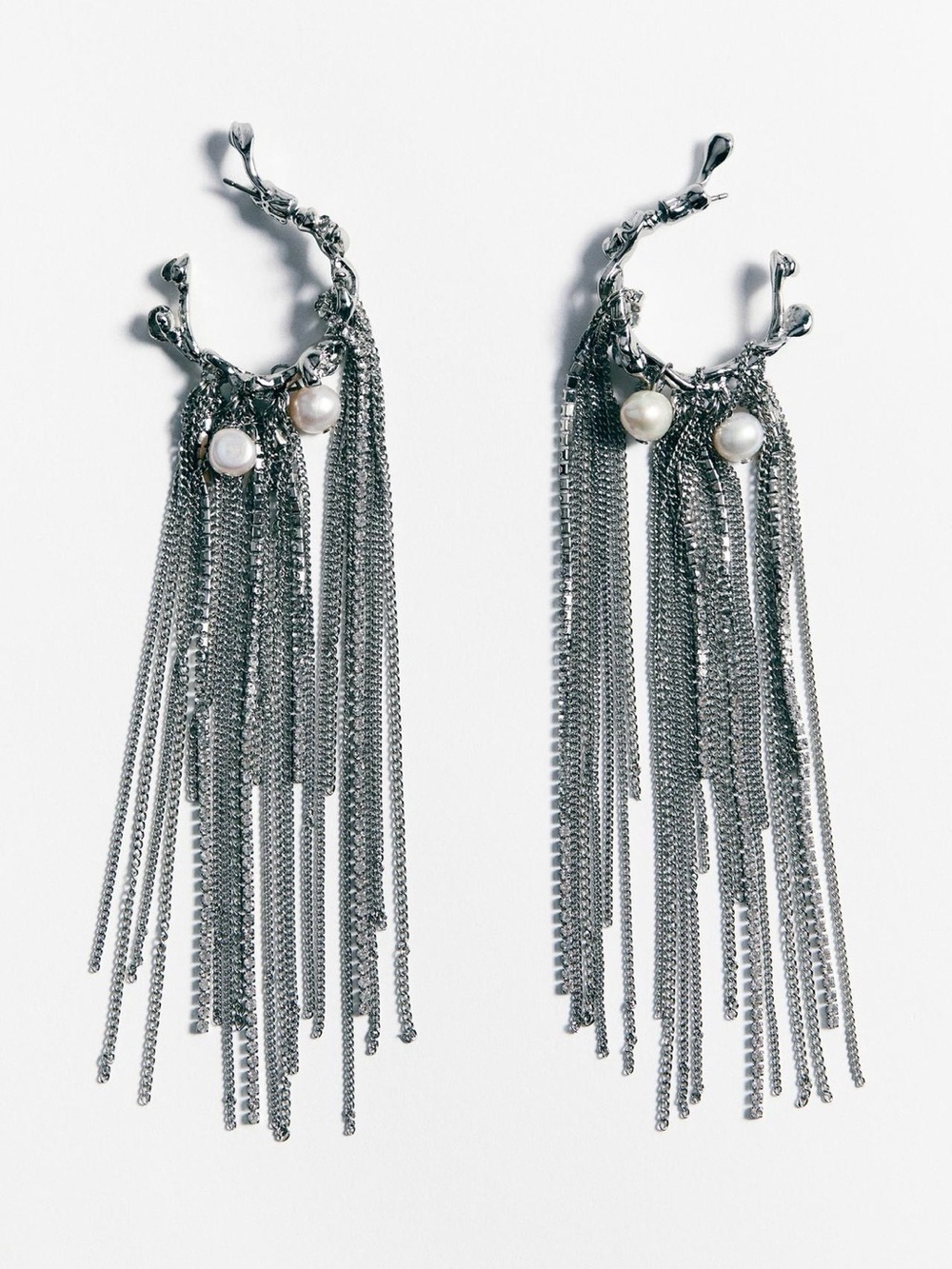 Zara Silver Pearl Fringe Hoop Earrings